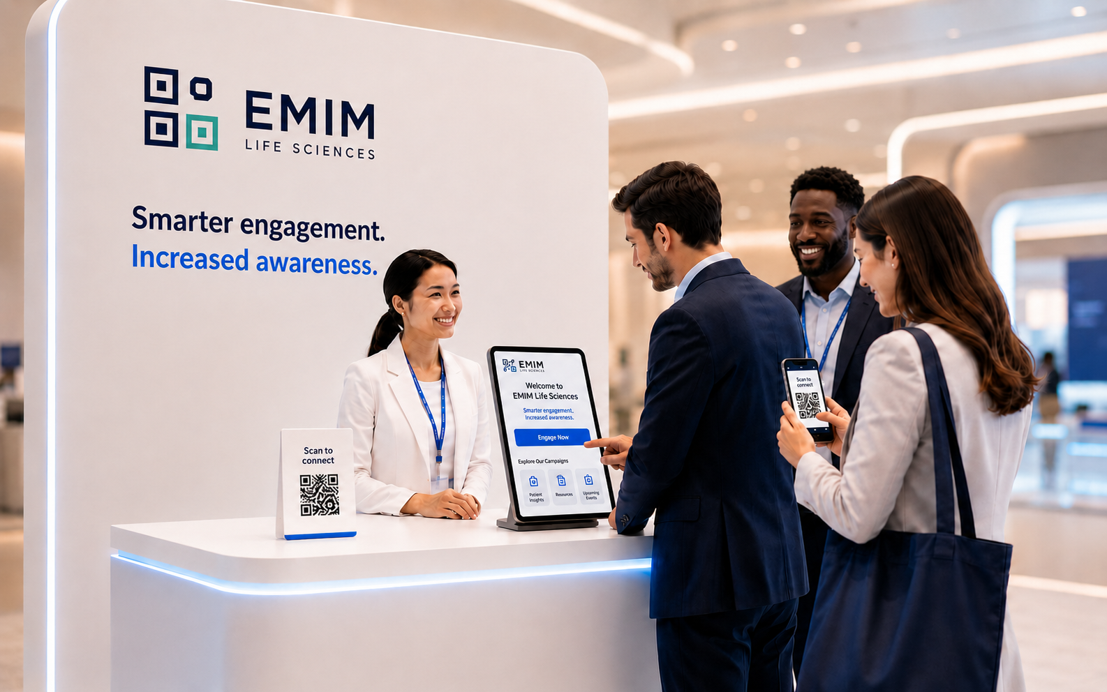 EMIM Life Sciences booth with matching logo, one delegate using the iPad and another scanning a QR code